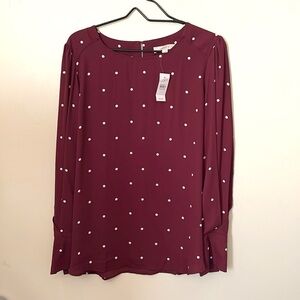 Loft Polka Dot Pleated Cuff Blouse, Plum, SZ Large